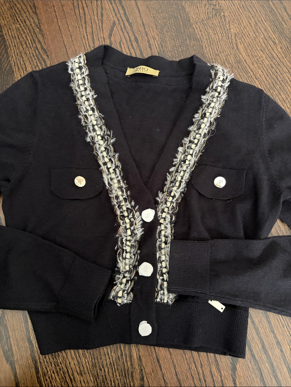 Black Tweed-Trim Women's Cardigan Sweater